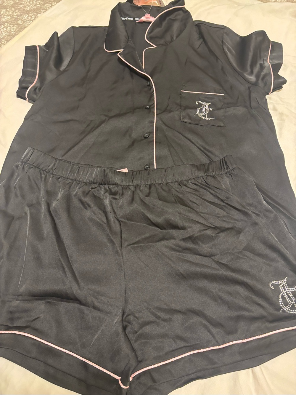 Black Satin Short Pajama Set with baby Pink Trim rhinestone logo JUICY COUTURE